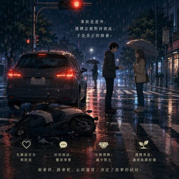 雨夜紅綠燈前發生車禍,一輛汽車旁有倒地的機車,遠處有人撐傘